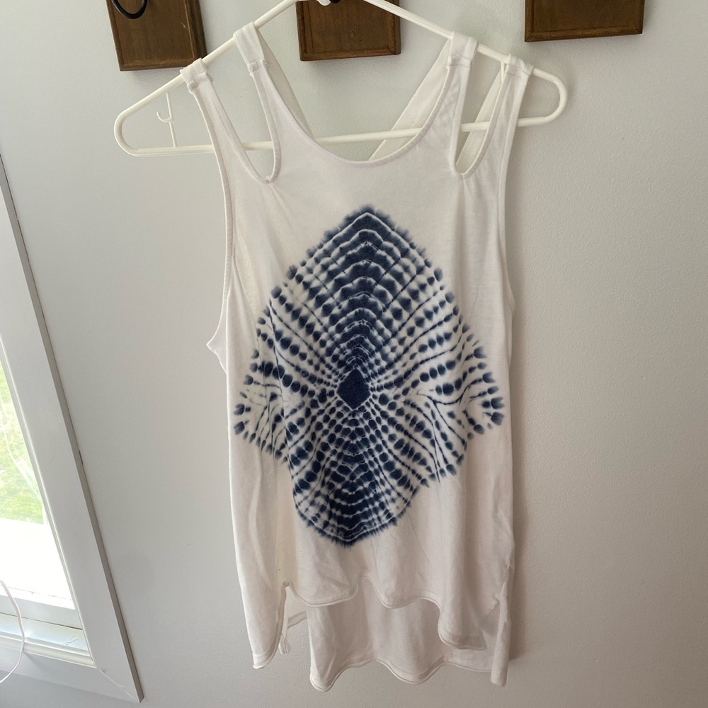 White Tank Top with Navy Tie-Dye Diamond Print